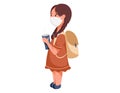 Standing Schoolgirl in a protective mask, with a backpack and a paper glass of soda. Vector isolated flat girl student