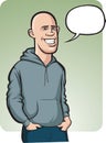 Standing smiling bald young man with speech balloon