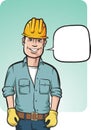 Standing smiling construction worker with speech balloon