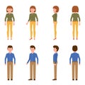 Standing, smiling, front, side, back view male and female people cartoon character set