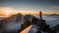 Standing sporty man with backpack on the mountain peak and looking on beautiful mountain valley at sunset. Royalty Free Stock Photo