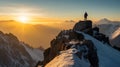 Standing sporty man on the mountain peak and looking on beautiful mountain valley at sunset.