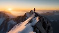 Standing sporty man on the mountain peak and looking on beautiful mountain valley at sunset.