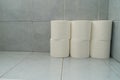 Standing toilet paper. Extra rolls on a blue tiled floor in house bathroom wall clean hygienic home compact short tall background