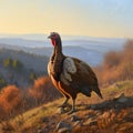 Standing turkey on a hill in the background, Valley Forest Fields. Turkey as the main dish of thanksgiving for the harvest