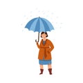 Standing Under Umbrella Female Character in Rainy Day Vector Illustration Royalty Free Stock Photo