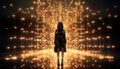 Standing up 3D Woman with Black Shiny clothes and her face hidden by a Hood in front of an abstract grid with lots of golden tiny