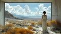 Standing up Woman wearing a long white dress contemplating an unknown desolated landscape safe from a concrete opening