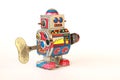 standing vintage tin robot, oblique view with key
