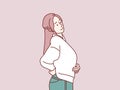 Standing Woman female hands touching back pain backache simple korean style illustration