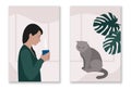 Standing woman, sitting cat with monstera for diptych poster