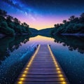 or standing on wooden dock way path at riverside under starry night