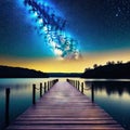 or standing on wooden dock way path at riverside under starry night Royalty Free Stock Photo