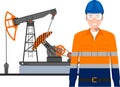 Standing Worker in Work Uniform, Safety Helmet and Oil Pump in Flat Style. Vector Illustration Royalty Free Stock Photo