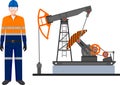 Standing Worker in Work Uniform, Safety Helmet and Oil Pump in Flat Style. Vector Illustration Royalty Free Stock Photo