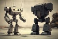 a standoff between two advanced robots, each with their own unique design and capabilities