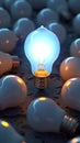 Standout concept 3D light bulb shines amidst dark incandescent bulbs