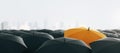 Standout orange umbrella among black ones from above, uniformity and differentiation theme. Royalty Free Stock Photo