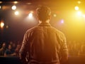 Standup comedian performing live act in front of audience in dark bar, generated by AI