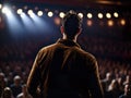 Standup comedian performing live act in front of audience in dark bar, generated by AI