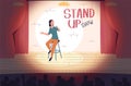 Standup comedian. Stand up person on stool speaking monologue at scene stand-up comedy humor show, laughing people