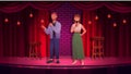 Standup, comedy show with comedians couple with mic on stage, speakers joking in night club