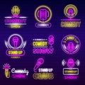 Standup show. Retro microphone comedy club neon logotypes comedian identity vector set collection