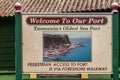 Welcome sign in port of Stanley, Tasmania, Australia