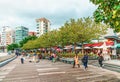 Stanley waterfront embankment of Stanley Bay on Hong Kong Island in Hong Kong city. Stanley Market on background is popular with