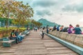 Stanley waterfront embankment of Stanley Bay on Hong Kong Island in Hong Kong city. Town promenade landscape. People chill out