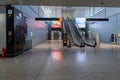 06/09/2021. Stansted Airport, UK. Empty escalators leading towards departure gates 1-19