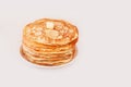 Staple of yeast fluffy pancakes with butter. Spring holiday Traditional Russian Shrovetide Maslenitsa week or pancake