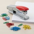 Stapler with a red plastic handle rests on a stack of white papers Royalty Free Stock Photo