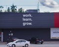 Staples Storefront motto \'Work. Learn. Grow\'. Office retail store for office supplies. HALIFAX, NOVA SCOTIA, CANADA Royalty Free Stock Photo