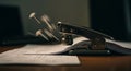 Stapling Papers Action Close Up on a Wooden Desk in Office Royalty Free Stock Photo