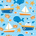 Seamless pattern with sea animals and boats. Royalty Free Stock Photo