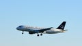 Star Alliance Lufthansa airplane approaching airport Royalty Free Stock Photo