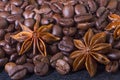 Star anise, on the background of coffee with beautiful highlights on the surface of grains Royalty Free Stock Photo