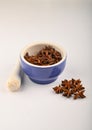 Star anise in a blue ceramic spice mortar with a pestle on a white background. Close up Royalty Free Stock Photo