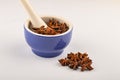 Star anise in a blue ceramic spice mortar with a pestle on a white background. Close up Royalty Free Stock Photo