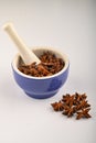 Star anise in a blue ceramic spice mortar with a pestle on a white background. Close up Royalty Free Stock Photo