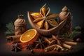 Star Anise, Cinnamon And Orange Fruit, Seasoning Arrangement - Generative AI