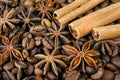 Star anise, cinnamon, and roasted coffee beans.