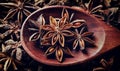 Star anise, dark food photo, spice, flavor, seasoning, wooden spoon, rustic, dark, brown, blurred, close-up, vintage