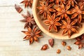 Star anise fruits on the wooden board, top view Royalty Free Stock Photo