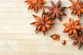 Star anise fruits on the wooden board, top view Royalty Free Stock Photo