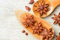 Star anise fruits in the wooden spoon, on the board, top view Royalty Free Stock Photo