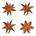 Star anise. Set of four star anise fruits. Closeup Isolated on white background without shadow, top view of chinese badiane spice