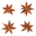 Star anise. Set of four star anise fruits. Closeup Isolated on white background with shadow, top view of chinese badiane spice or