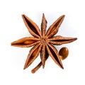 Star anise. Single star anise fruit with one seed. Macro close up Isolated on white square background with shadow, top view of Royalty Free Stock Photo